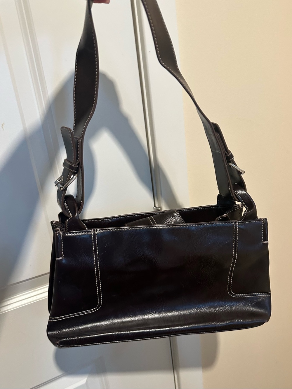 Nine & Co. Dark Brown Leather Shoulder Bag with Contrast Stitching